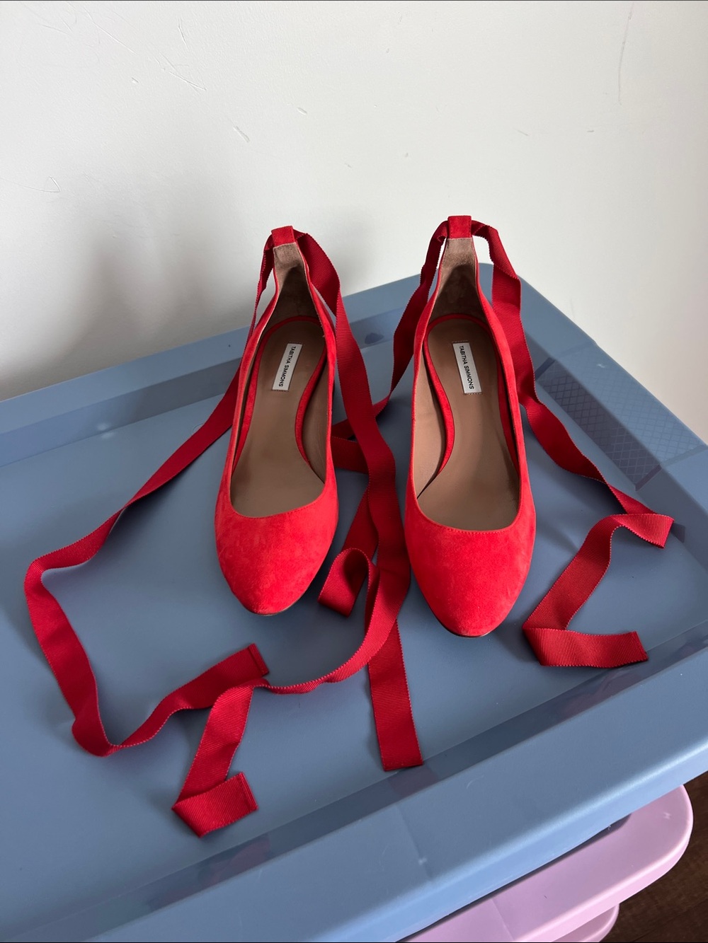 Tabitha Simmons red suede block low heels with ribbon wrap around ankle bows 38 - Picture 2 of 16